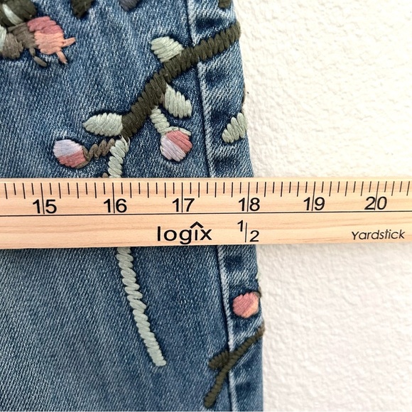 Embroidered Flare Jeans Denim Pant High Rise Floral Bird Festival Blue Size 6 - Picture 11 of 14